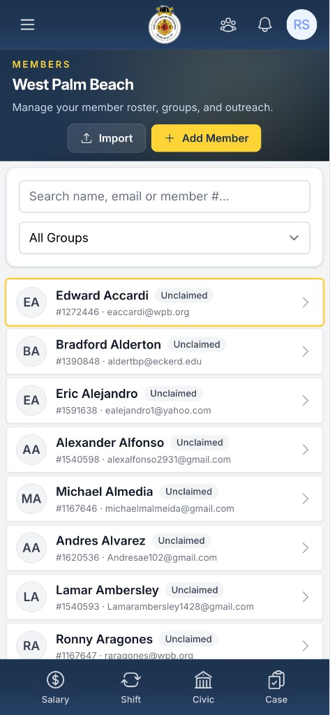 Members roster on mobile
